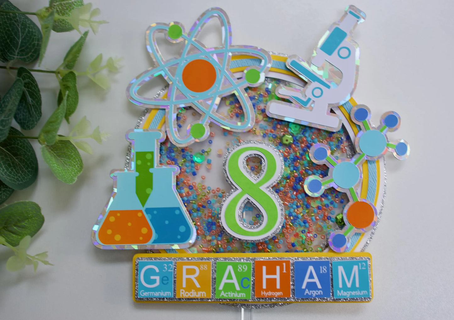 Custom Science Shaker Cake Topper / LED Light Up Topper/ Name and Age Cake Topper