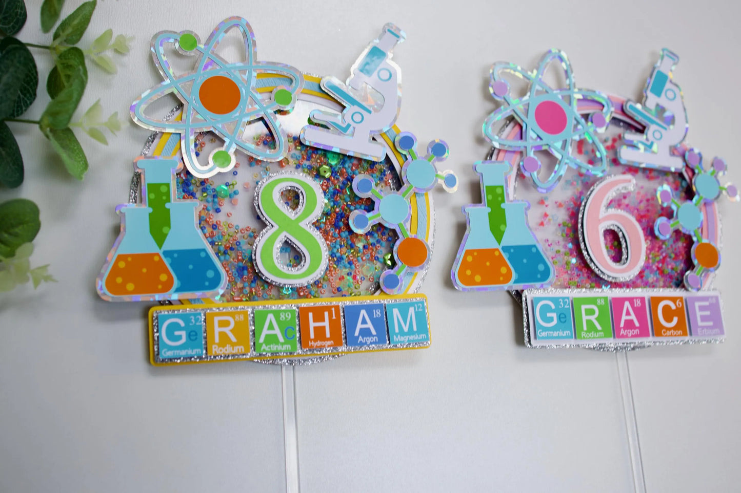 Custom Science Shaker Cake Topper / LED Light Up Topper/ Name and Age Cake Topper