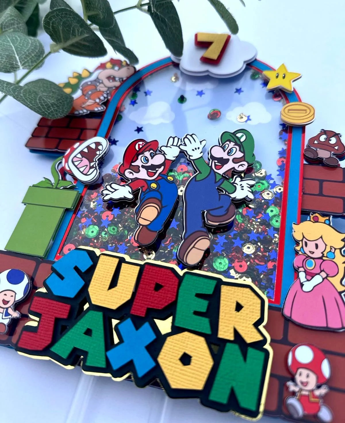 Personalised Super Mario Birthday Cake Topper / Shaker Cake Topper / LED Light Cake topper