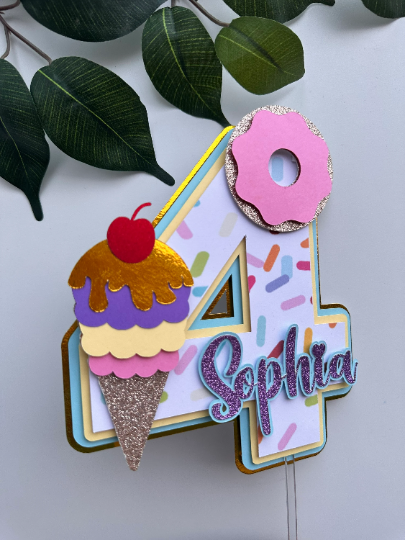 Personalised Ice Cream Cake Topper / Any name and age / Layered / 3D