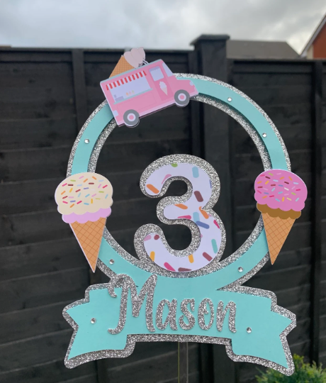 Personalised Ice Cream Number Cake topper / Name and Age / Layered / 3D
