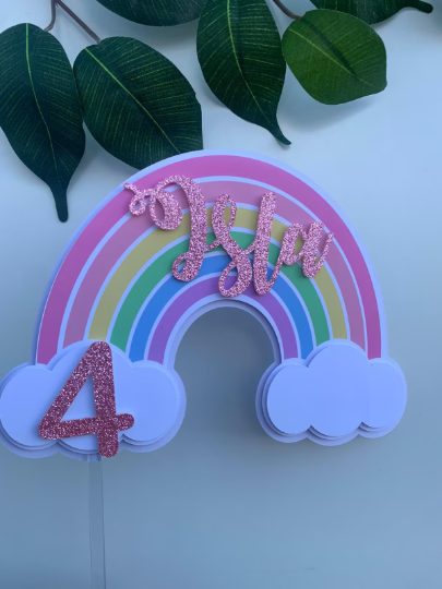 Personalised Pastel Rainbow Cake Topper / Pink Rainbow / Name and Age / First Birthday