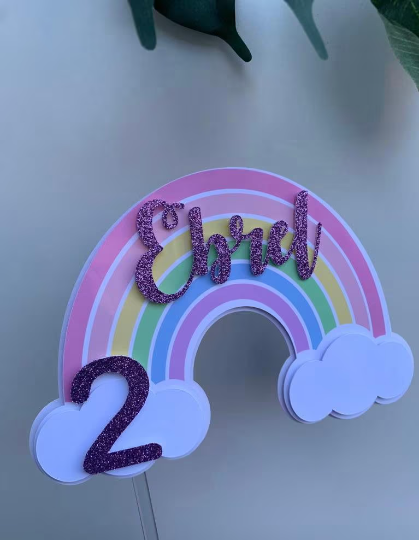 Personalised Pastel Rainbow Cake Topper / Pink Rainbow / Name and Age / First Birthday