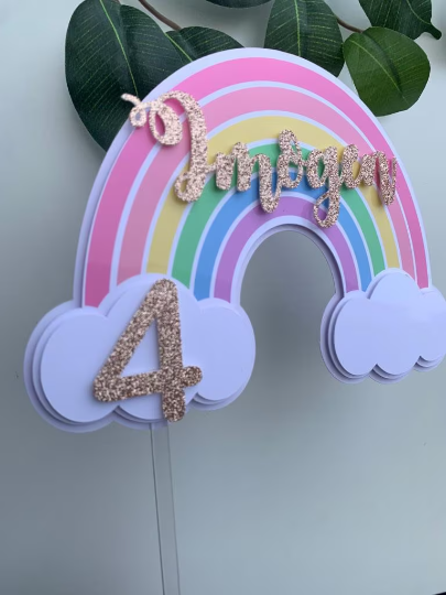 Personalised Pastel Rainbow Cake Topper / Pink Rainbow / Name and Age / First Birthday