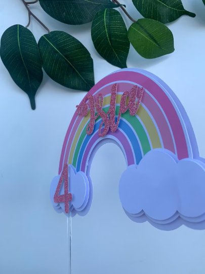 Personalised Pastel Rainbow Cake Topper / Pink Rainbow / Name and Age / First Birthday