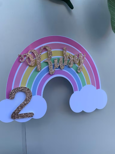 Personalised Pastel Rainbow Cake Topper / Pink Rainbow / Name and Age / First Birthday