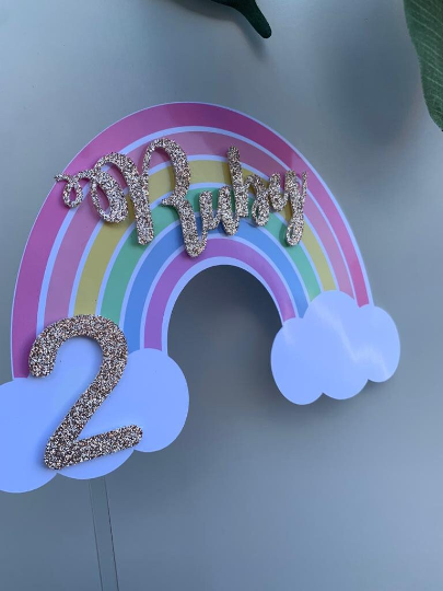 Personalised Pastel Rainbow Cake Topper / Pink Rainbow / Name and Age / First Birthday