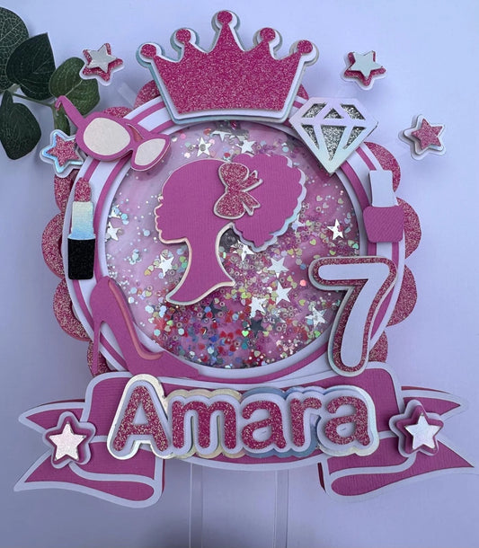 Personalised Pink Barbie Cake Topper/ Name and Age /Shaker /LED Topper