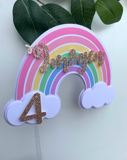 Personalised Pastel Rainbow Cake Topper / Pink Rainbow / Name and Age / First Birthday